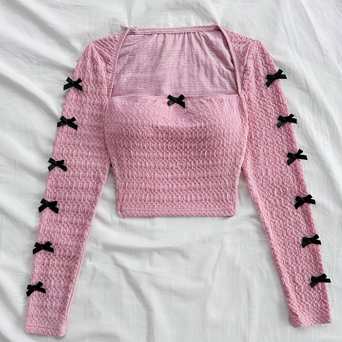 Women's Elegant Summer Crochet Blouse with Accents - Square Neck Long Sleeve Stretchy Top, Machine Washable Solid Color Shirt for Casual & Formal Wear, Textured Fashion, Comfortable Fit, Versatile Top, Lightweight Material, A