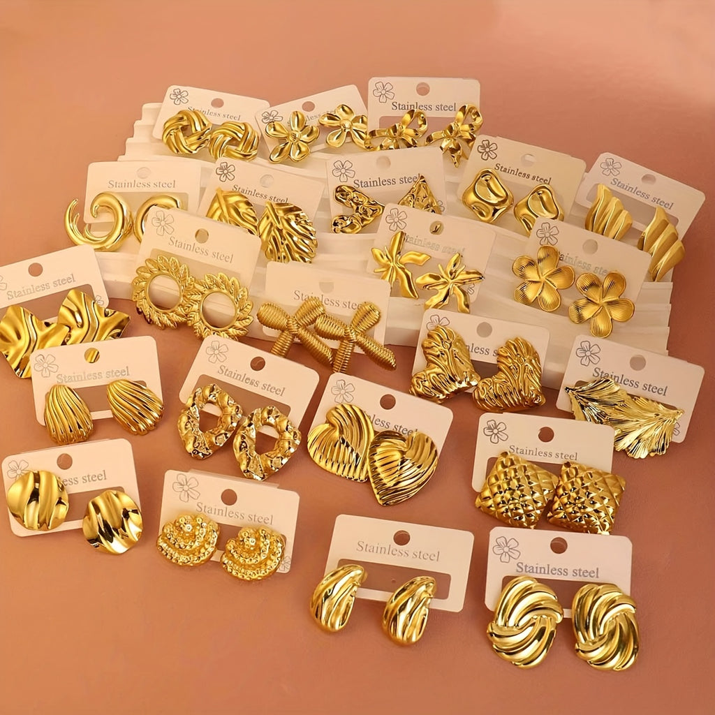 12pcs/Set or 18pcs/Set Stainless Steel Golden Heart/Leaf/Wing Earrings