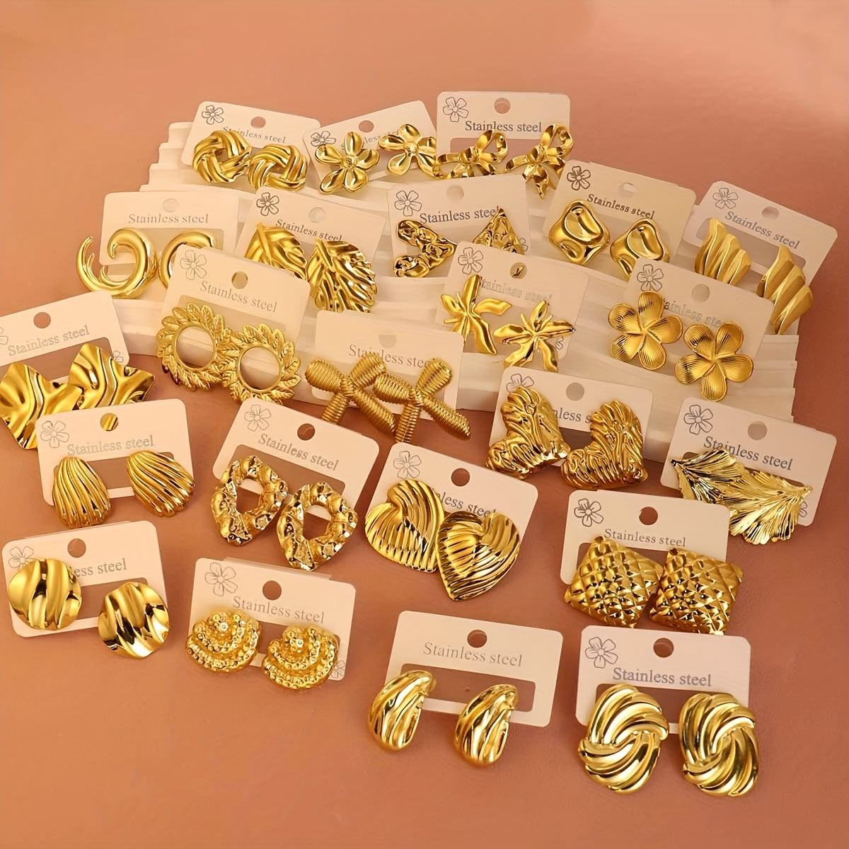 12pcs/Set or 18pcs/Set Stainless Steel Golden Heart/Leaf/Wing Earrings