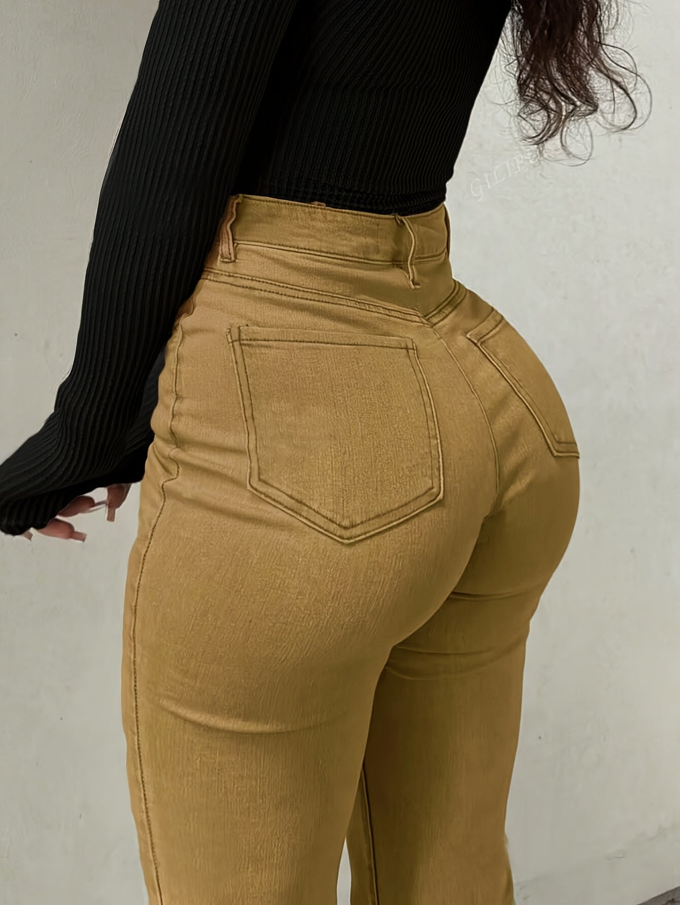 Women's Elegant High-Waist Black Denim Flare Jeans - Stretchy, Bell Bottom with Slash Pockets and Button Closure, Versatile All-Season Wear