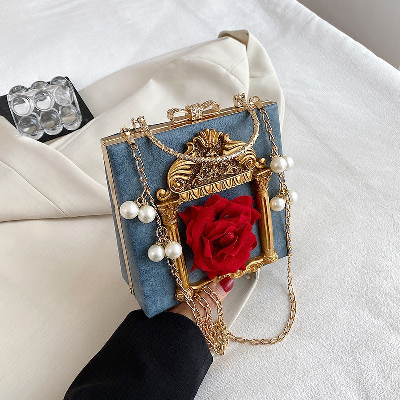 Women'S Baroque Relief Angel & Floral Handbag - Vintage Ornate Chain Strap Shoulder Bag with Golden-Tone Hardware, Wrist Strap & Snap Closure, Durable Polyester in - Elegant Statement Piece for Everyday & Special Occasions