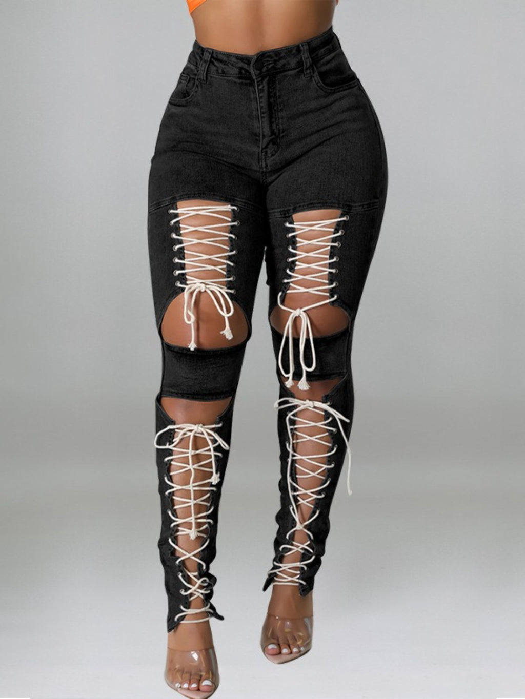 Cropped Denim Jeans with Lace-Up Detail