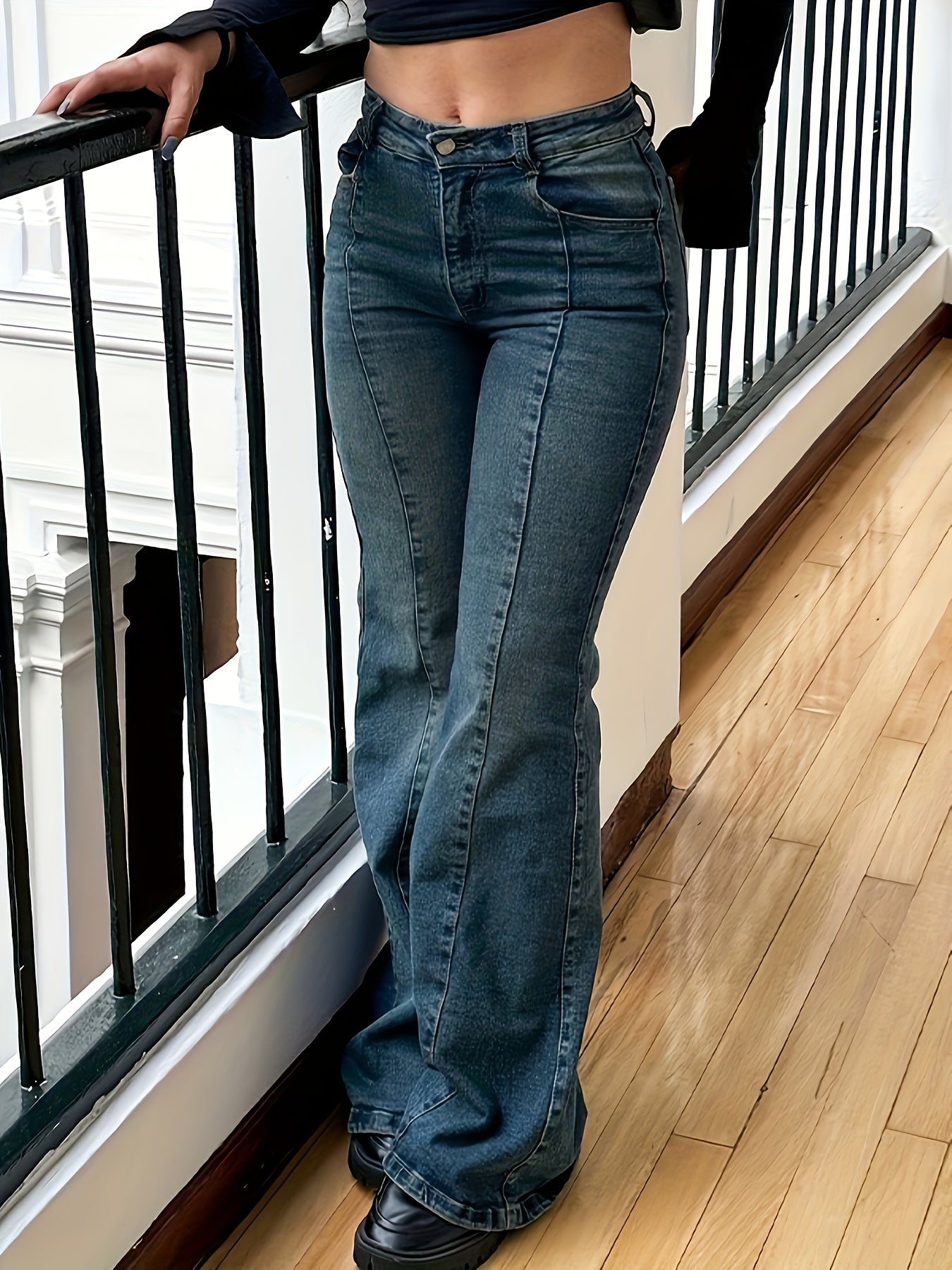 Elegant High Waisted Vintage Blue Flared Jeans