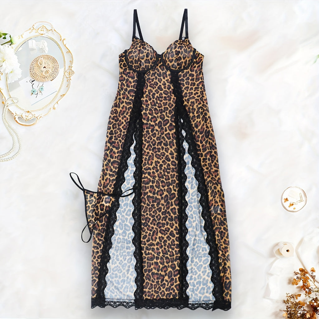 Wild Charm Style Leopard Print Lace Trim Sexy Lingerie Set