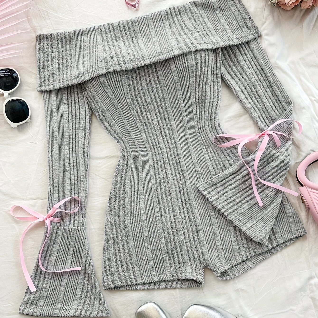Knitted Ribbed Solid Color Flared Long Sleeve Slim Jumpsuit