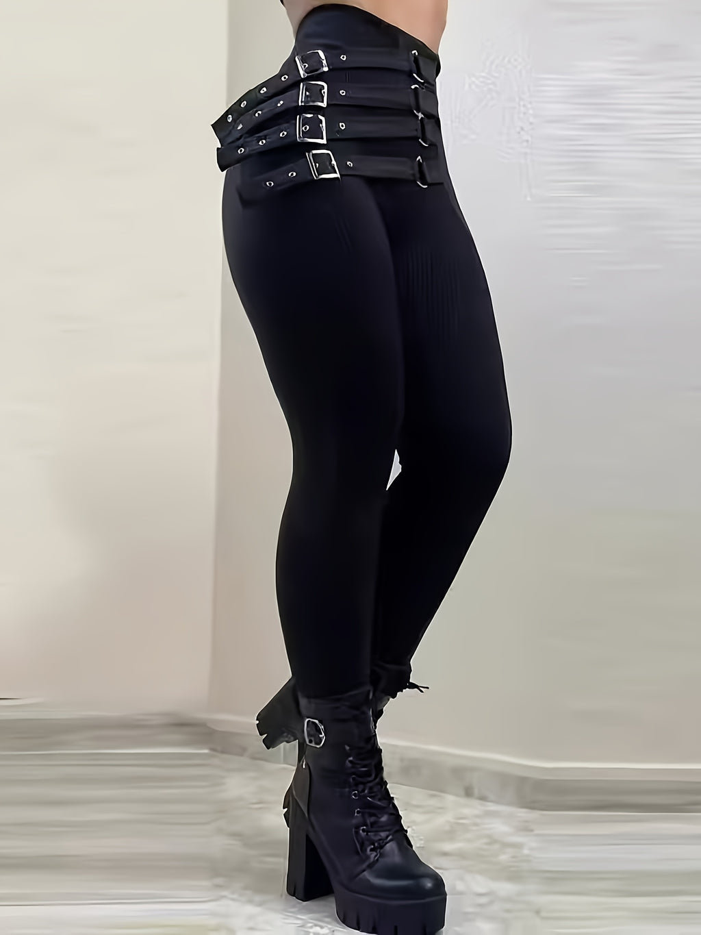 1pc Women'S Sexy Polyester Leggings with Fashion Belt, Solid Color Stretchy Knit Pants for All Seasons, Adult Fit