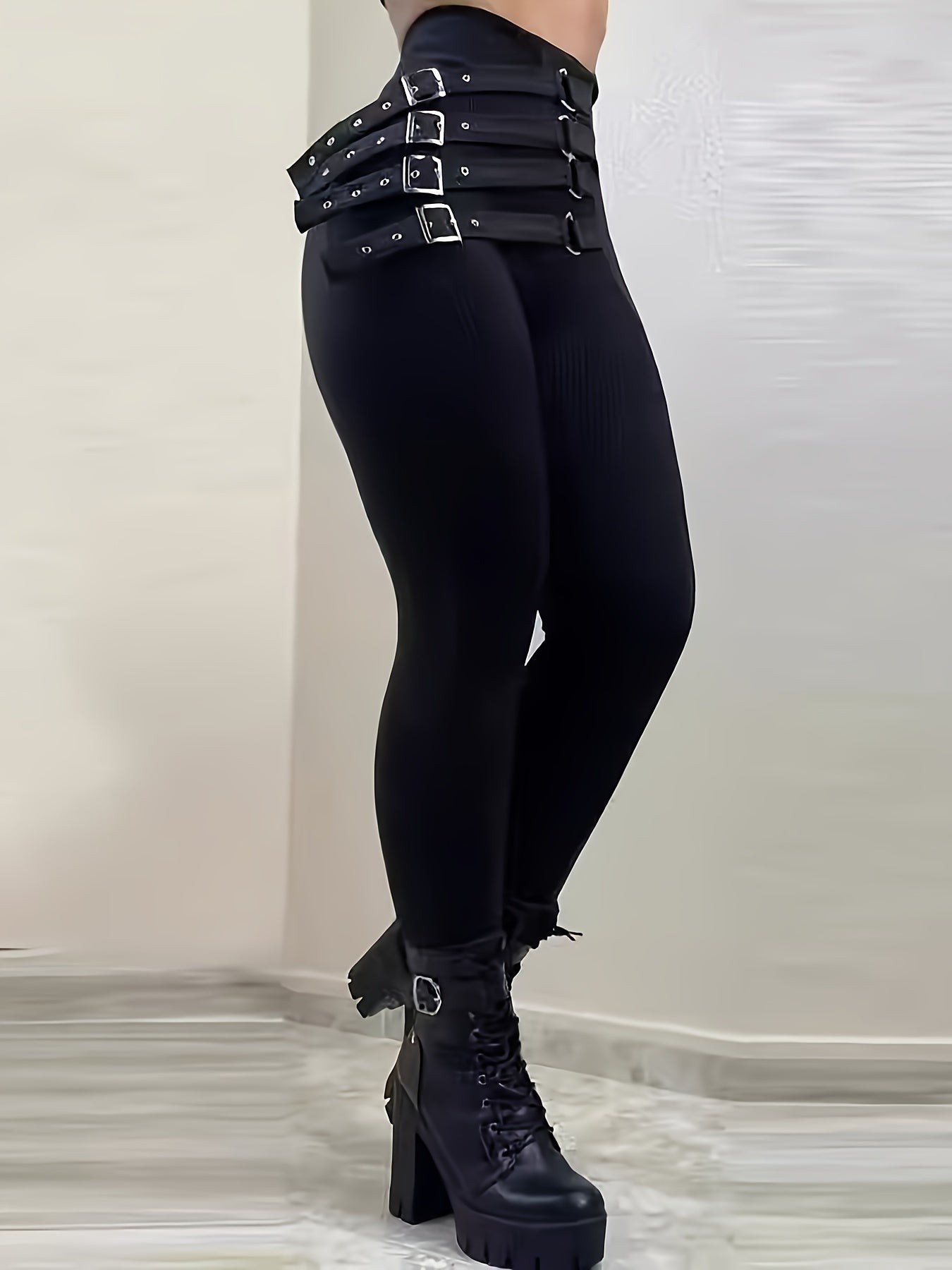 1pc Women'S Sexy Polyester Leggings with Fashion Belt, Solid Color Stretchy Knit Pants for All Seasons, Adult Fit