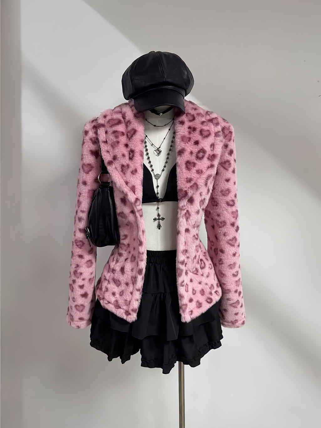 Women's Retro 80s Inspired Pink & Black Leopard Print Lapel Collar Blazer Jacket - Faux Fur Trim, Structured Lapel Collar, Machine Washable All-Season Outerwear with Faux Fur Hem & Trim, Elegant A-Line Silhouette for Layering