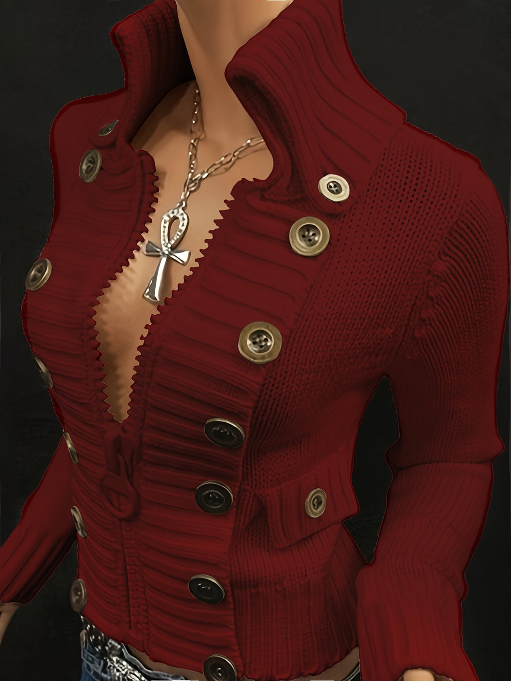 Women's Black Cardigan - Slim-Fit Sweater with Front Zipper & Golden Buttons, Elegant Stand-Up Collar for Formal/Casual Outfits - All-Season Chic Jacket, Versatile Layering, Modern Knitwear, Premium Finish, Fashionforward Wom