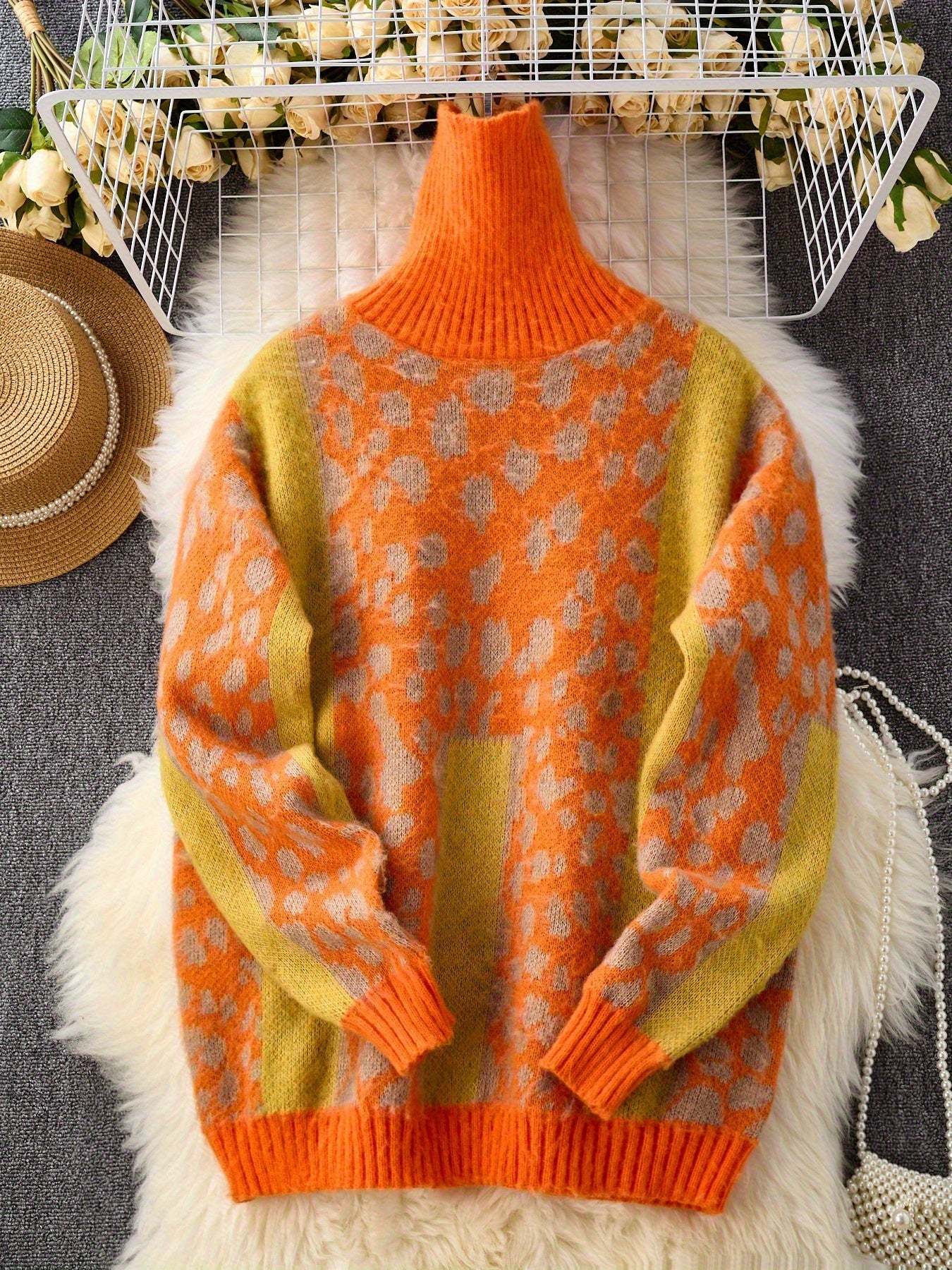 Vintage Leopard Print Contrast Color High Neck Loose Lazy Soft Long Sleeve Sweater