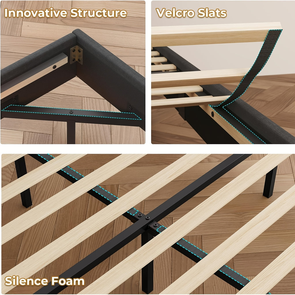 LED Bed Frame with USB Charging Station, Remote Control Floor Mounted Platform Bed with Storage Headboard