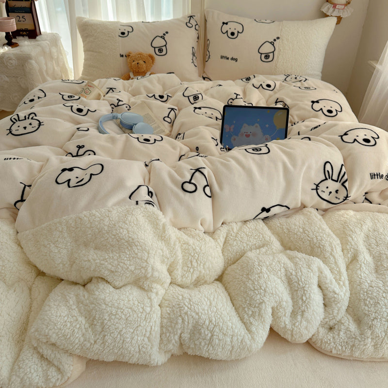 {3/4pcs} Cartoon Lambskin + Milk Velvet Set
