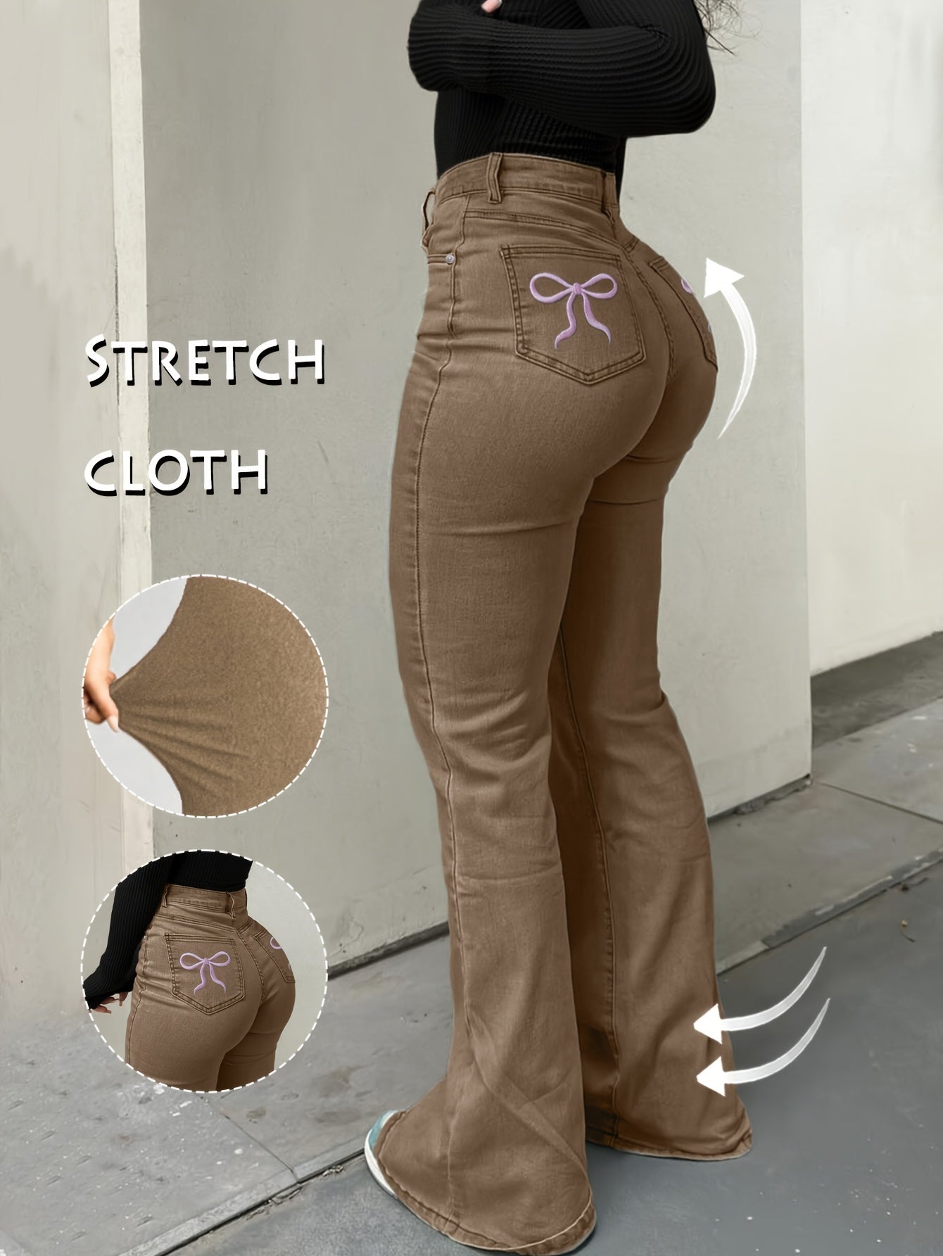 Women'S High-Waisted Stretch Denim Flare Jeans with Embroidered Bow Detail, Street Style Casual Pants, All-Season Comfort, Blue, High Waisted Jeans, Comfortable Fashion, Durable Fabric