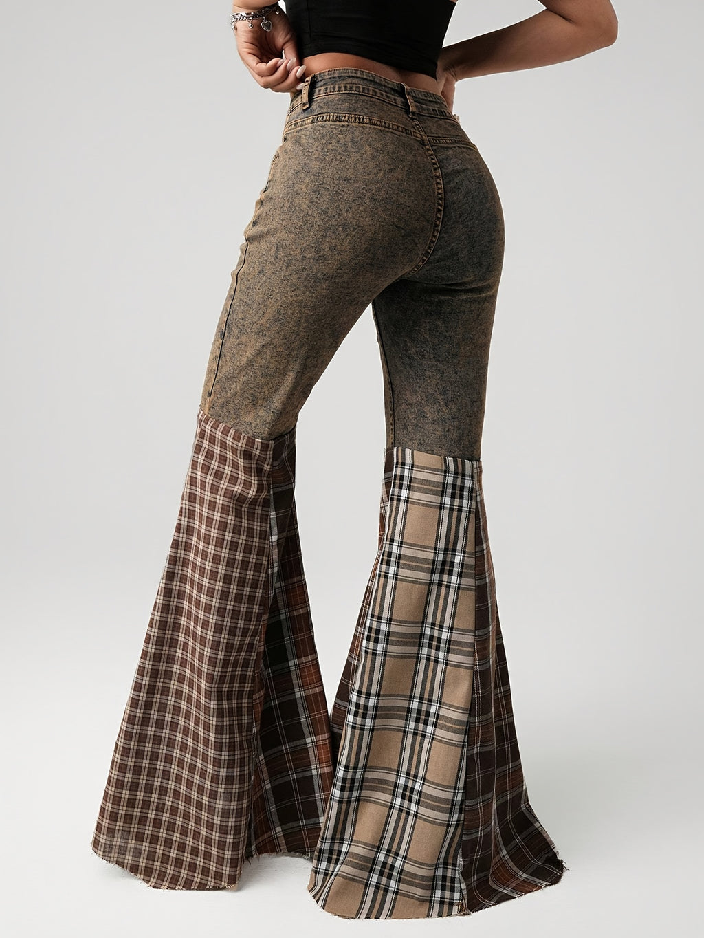 Plaid Patchwork Flared Jeans