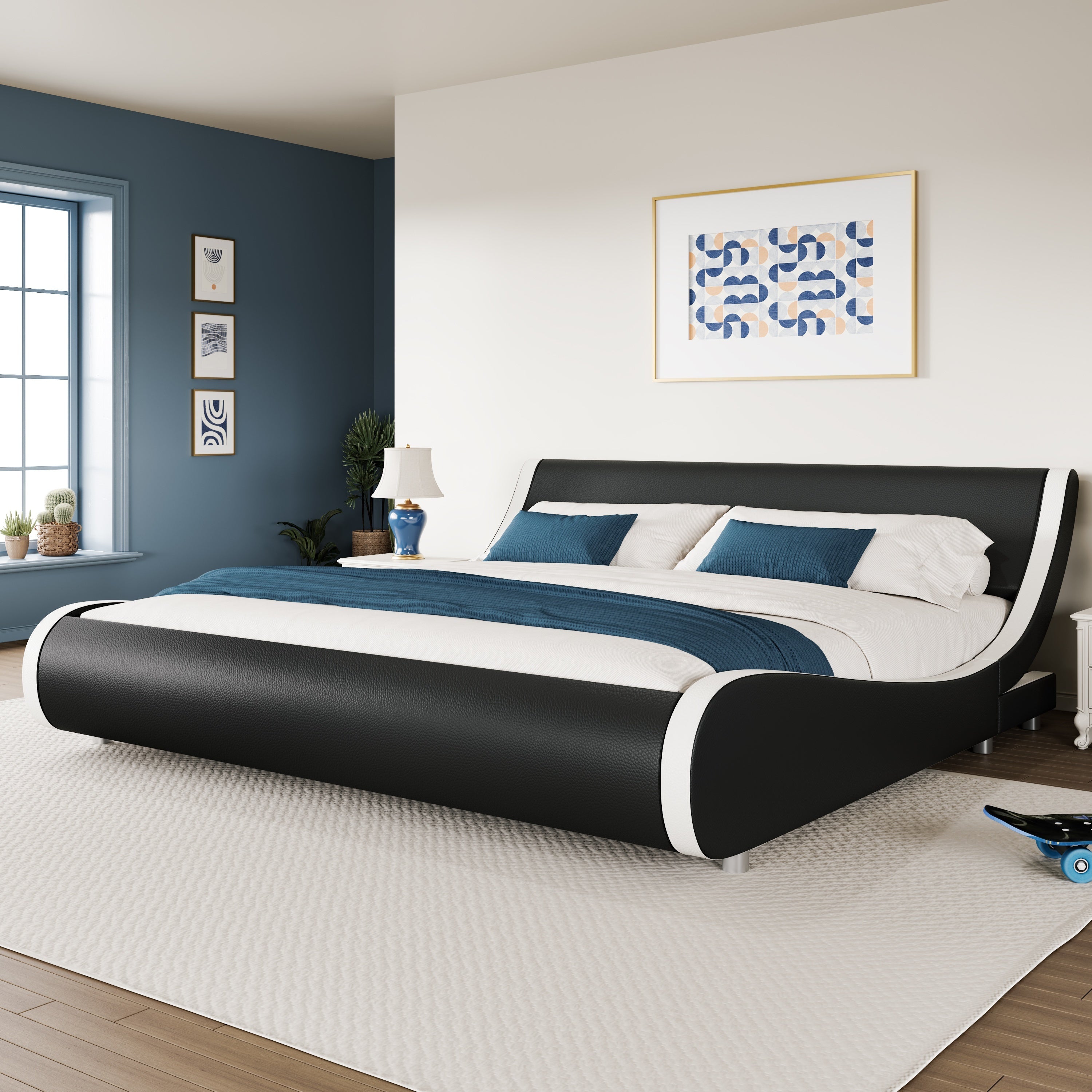 WEEWAY Modern Upholstered Platform Bed Frame, Faux Leather Sleigh Bed With Adjustable Headboard, Strong Wood Slats Support, No Box Spring Needed