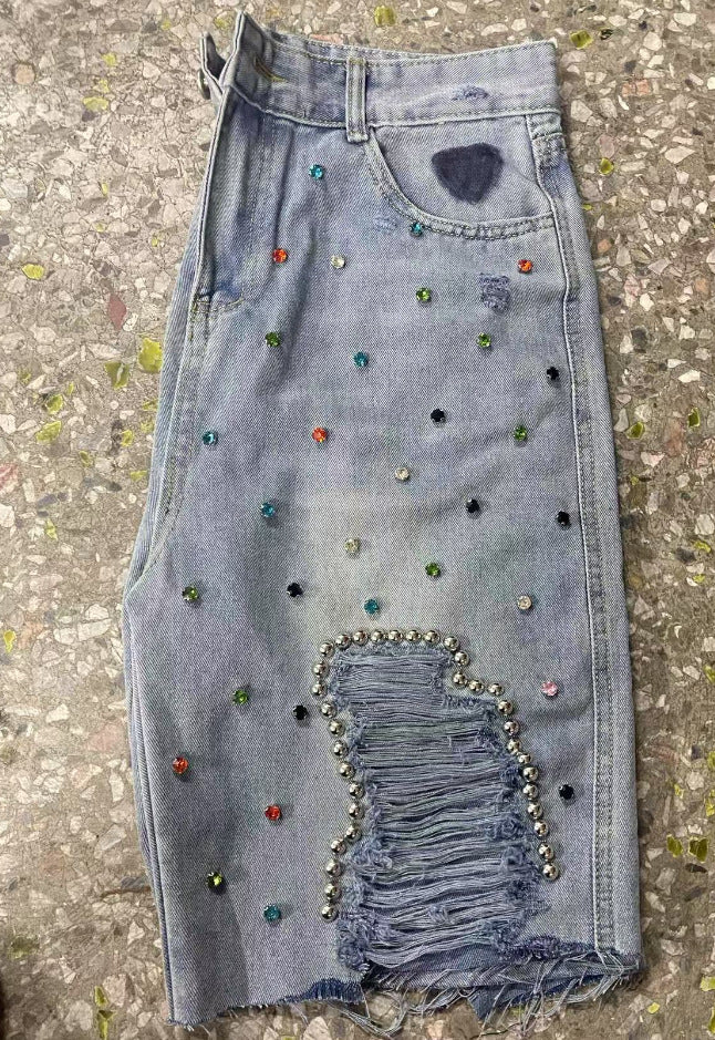 High-Waist Rhinestone Capris