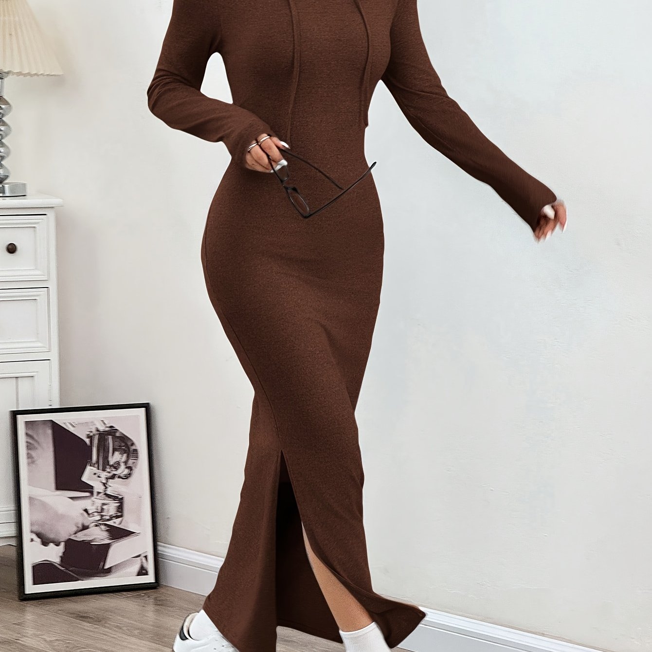 Women'S Stylish Long-Sleeve Hooded Maxi Dress - Casual Spring/Autumn Split-Hem Bodycon Dress in Solid Color, Grey, with Detachable Shoulder Straps and Kangaroo Pocket, Cute Dresses