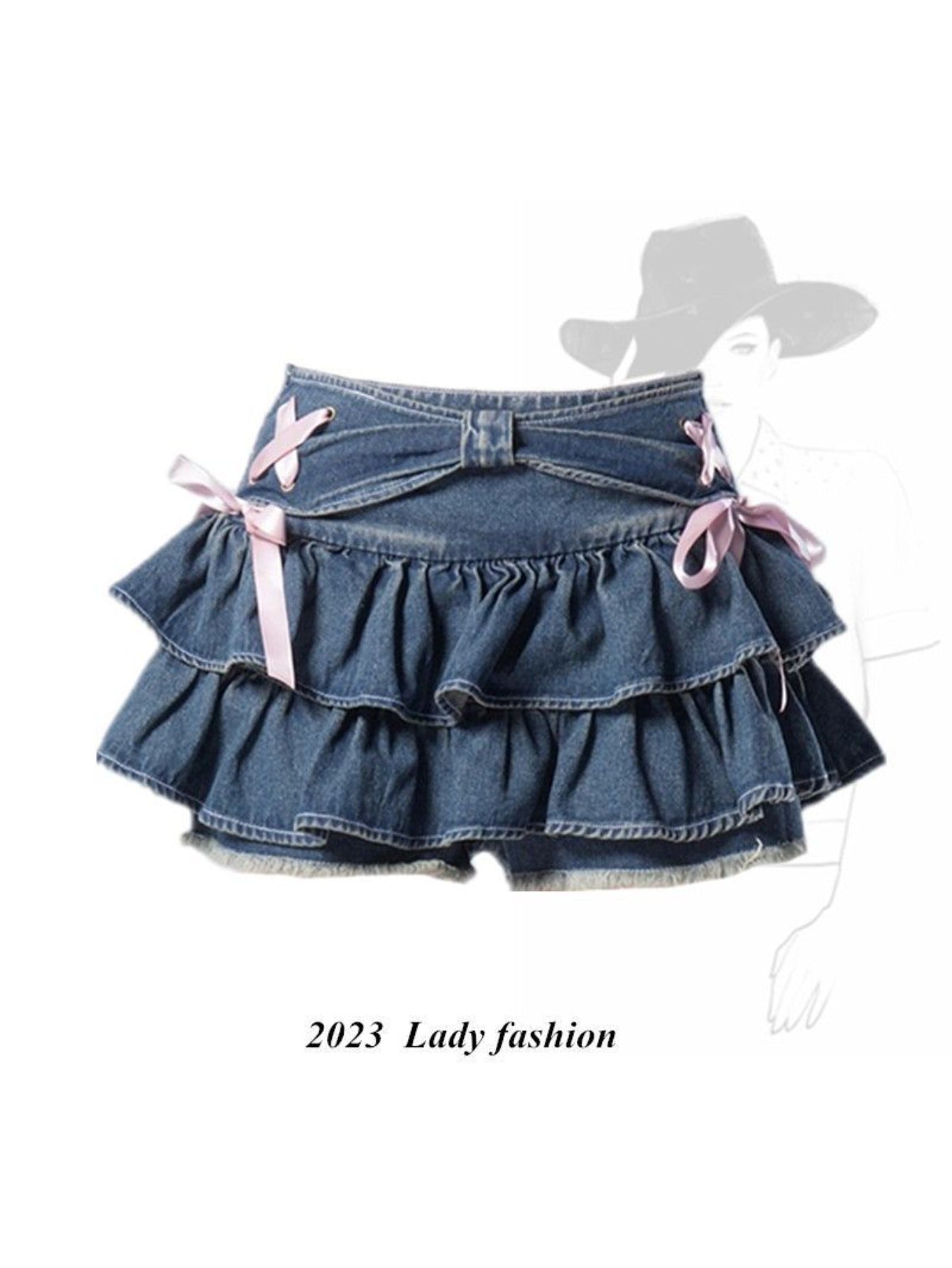 Women'S Blue Denim Pleated Mini Skirt - High Waist Slim Fit A-Line Skirt Shorts with Layered Ruffled Hem, Structured Waist & Smooth Texture, All-Season Versatile Casual to Semi-Formal Outfits, Trendy Fashion Skirt for Women,