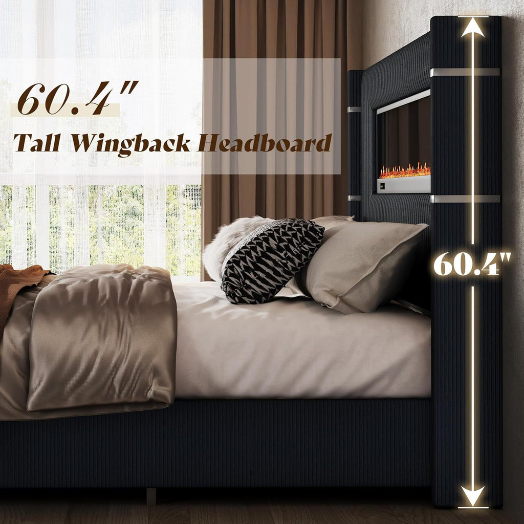 Contemporary Wingback Bed Frame with Integrated Fireplace