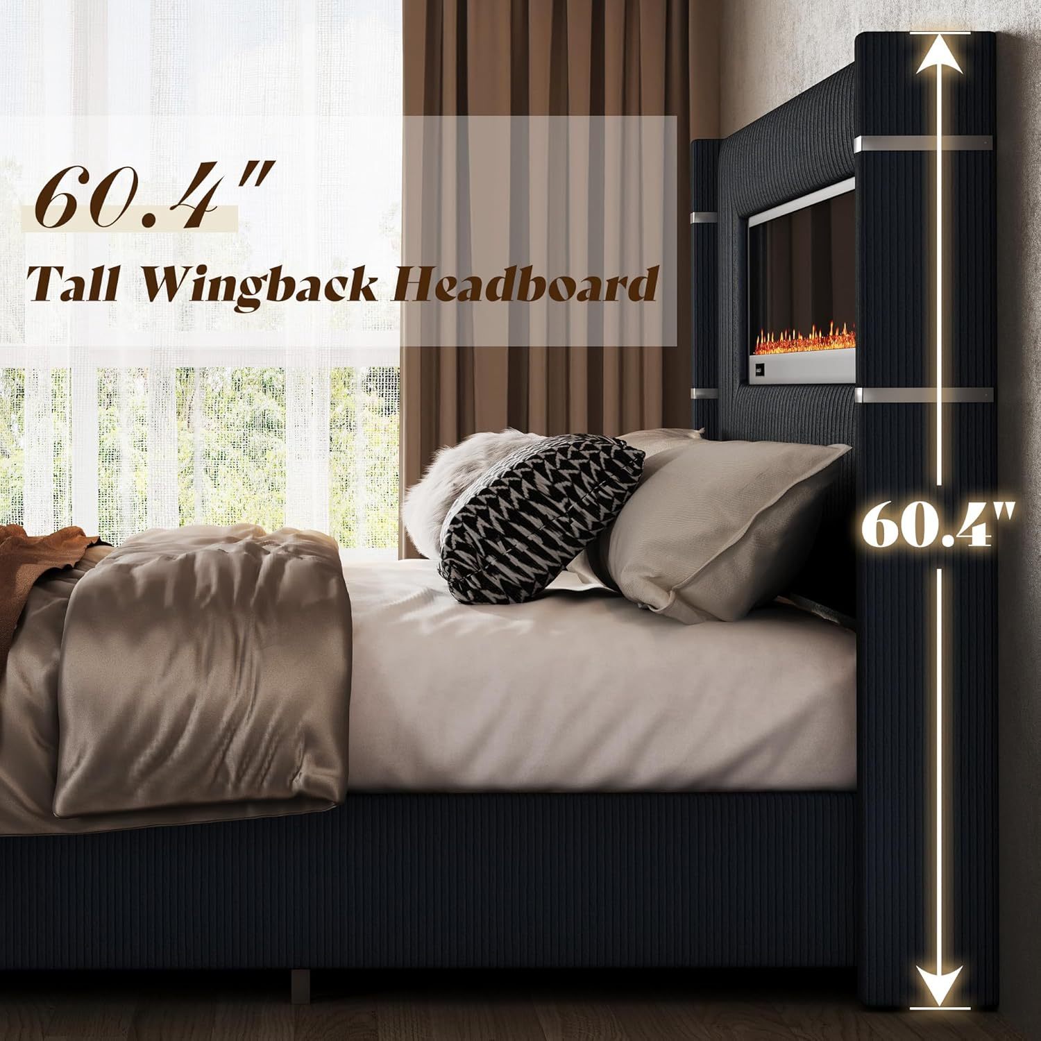 Contemporary Wingback Bed Frame with Integrated Fireplace