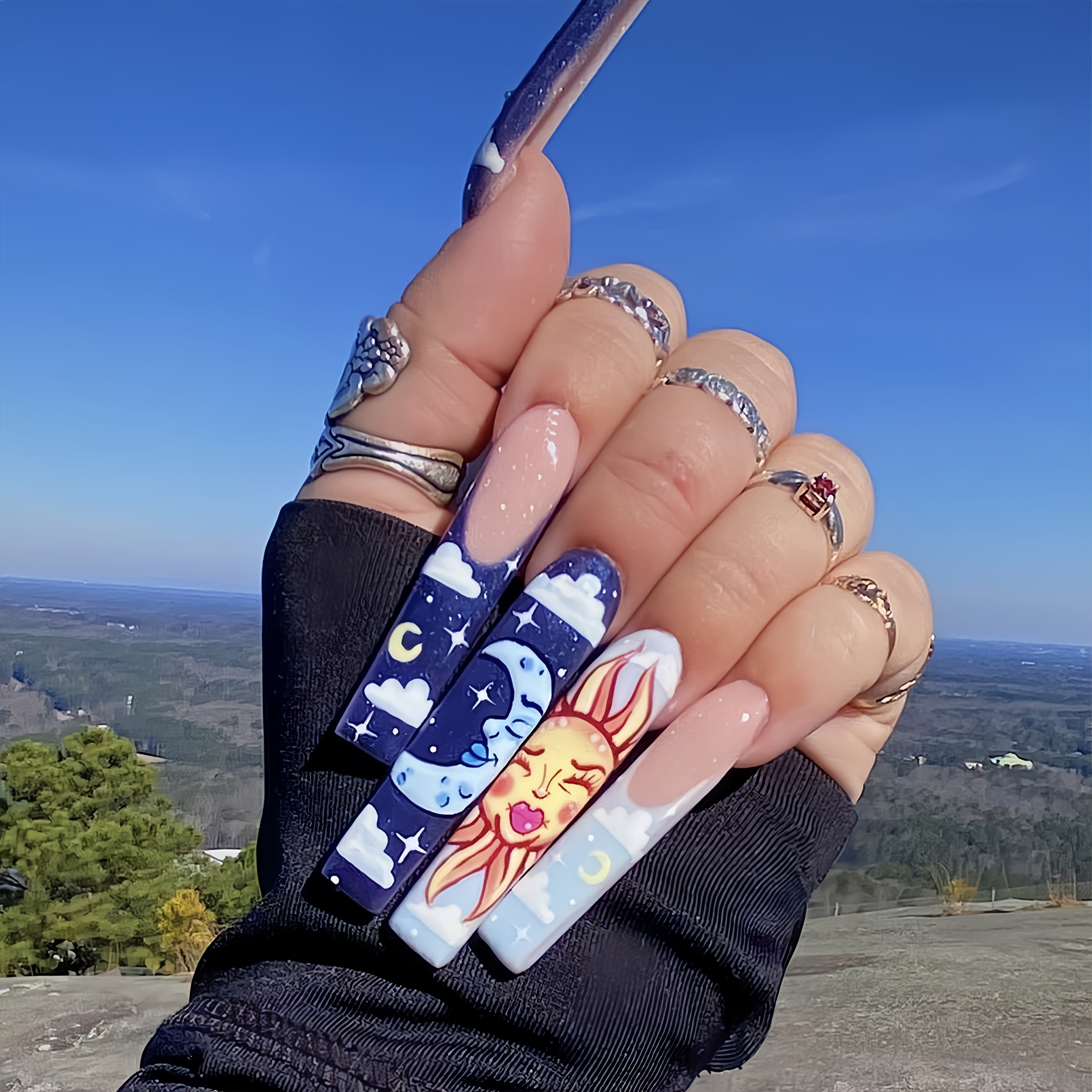 Long Ballet Blue Sun Moon French Fake Nails