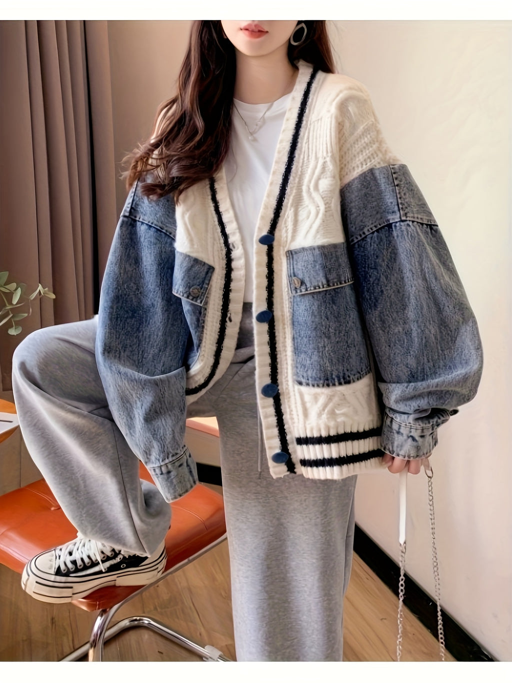 Oversized Light Gray & Blue Contrast Batwing Cardigan