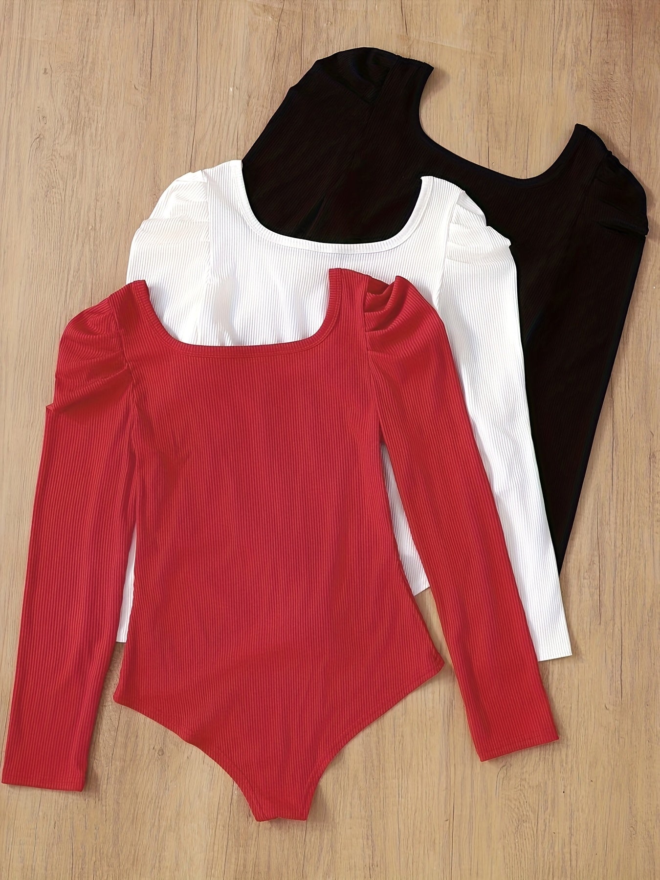 {3pcs} Long Sleeve Bodysuit with Puff Sleeves & Large Round Neck Bodysuit