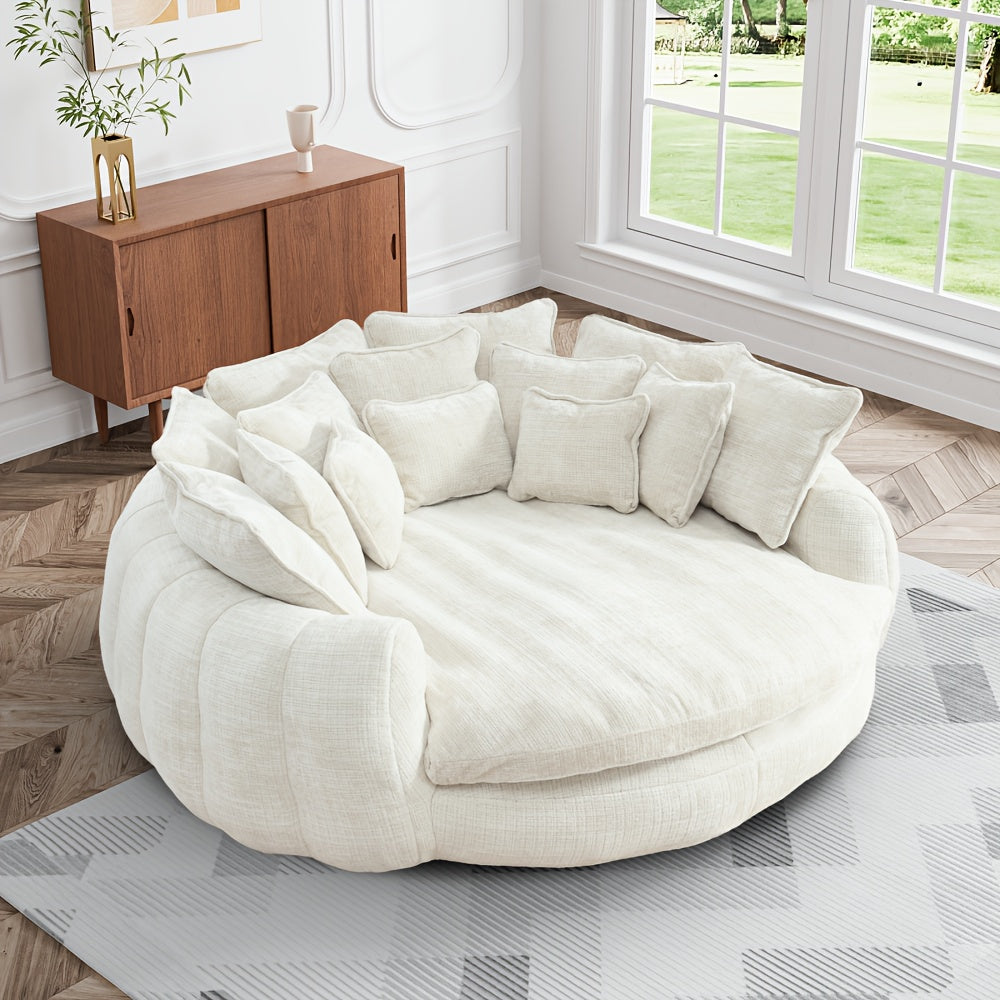 81" Upholstered Chenille Round Sofa Bed with Plush Fluffy Cushion