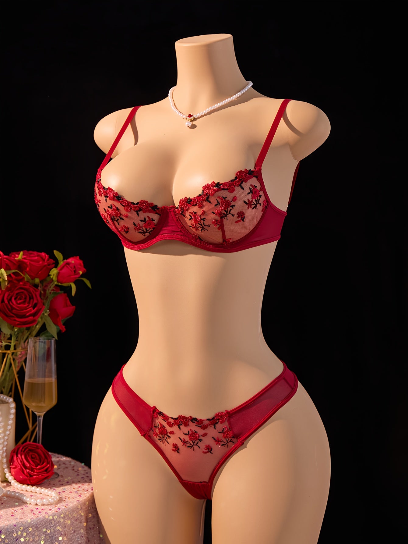 Classic Burgundy Floral Mesh Embroidered Lingerie Set