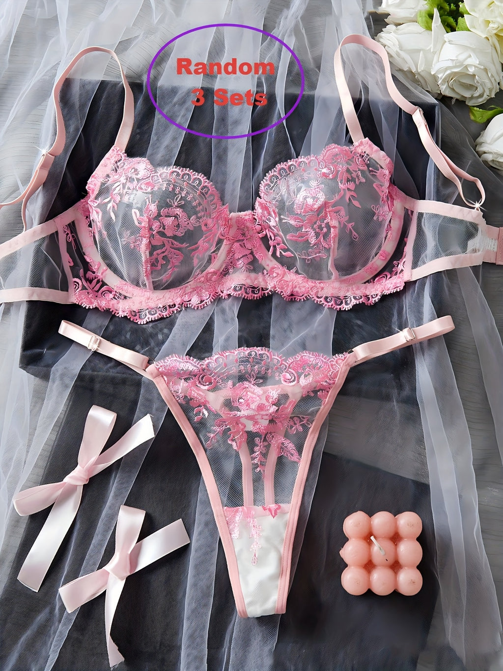 [3pcs} Floral Embroidery Lingerie