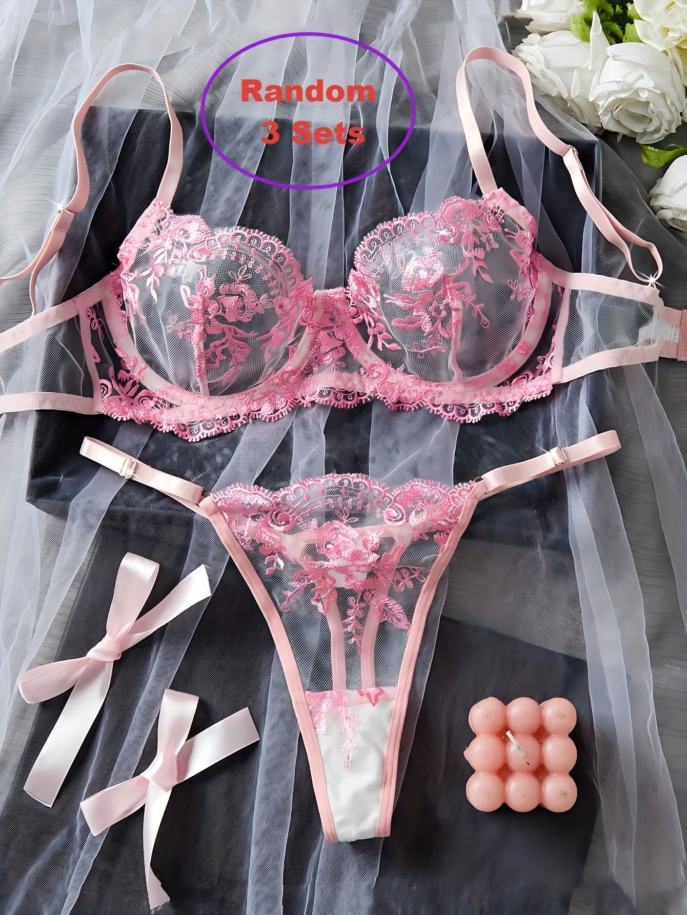 [3pcs} Floral Embroidery Lingerie