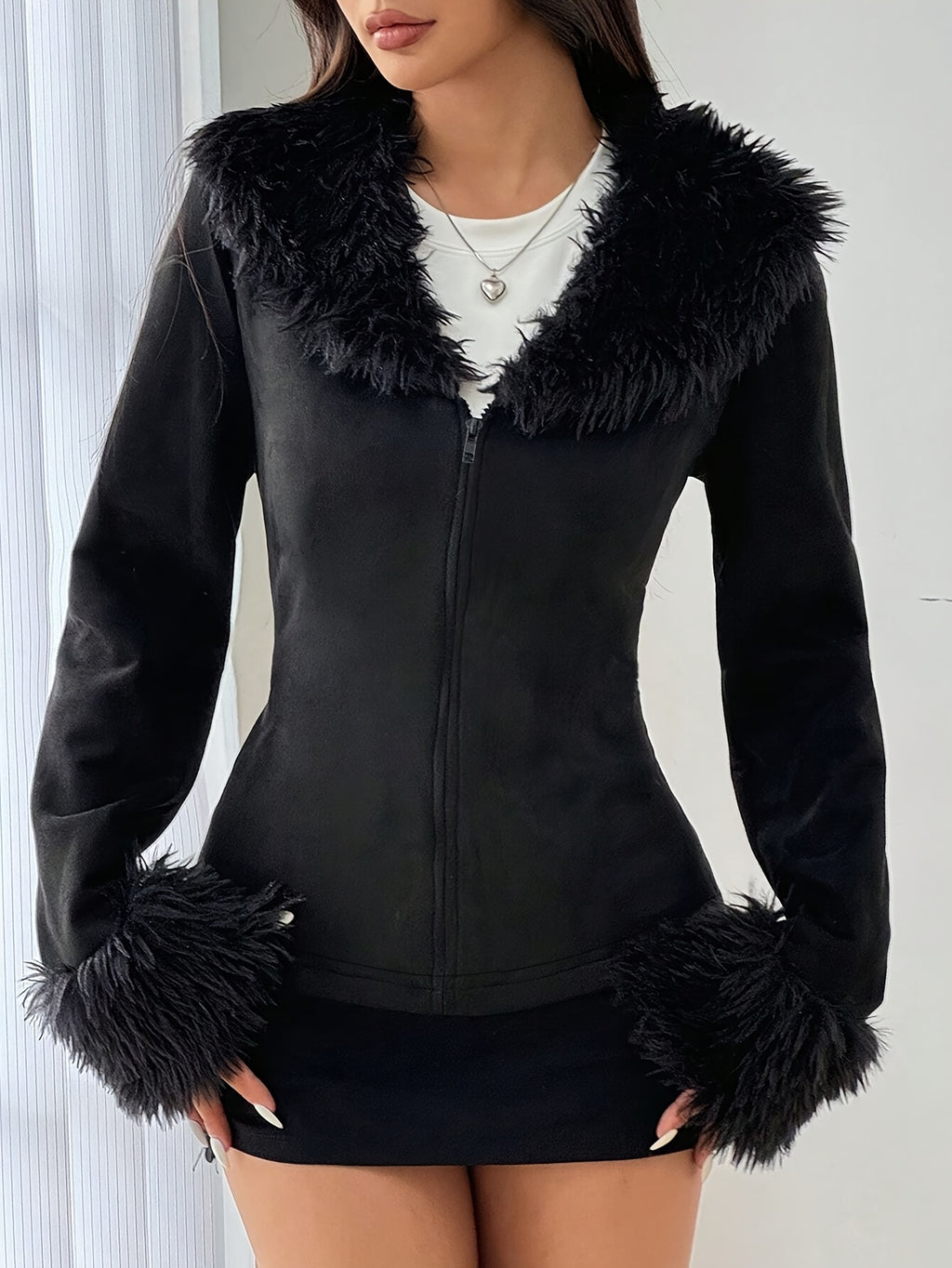 Women'S Y2K Full-Zip Faux Fur Collar Jacket - Elegant Winter Coat with Full-Zip Front Closure, Soft Faux Fur Trim & Full-Length Zipper, Casual To Formal Outerwear For Daily Wear, Parties, Winter Jacket, Party Outfit, Stylish