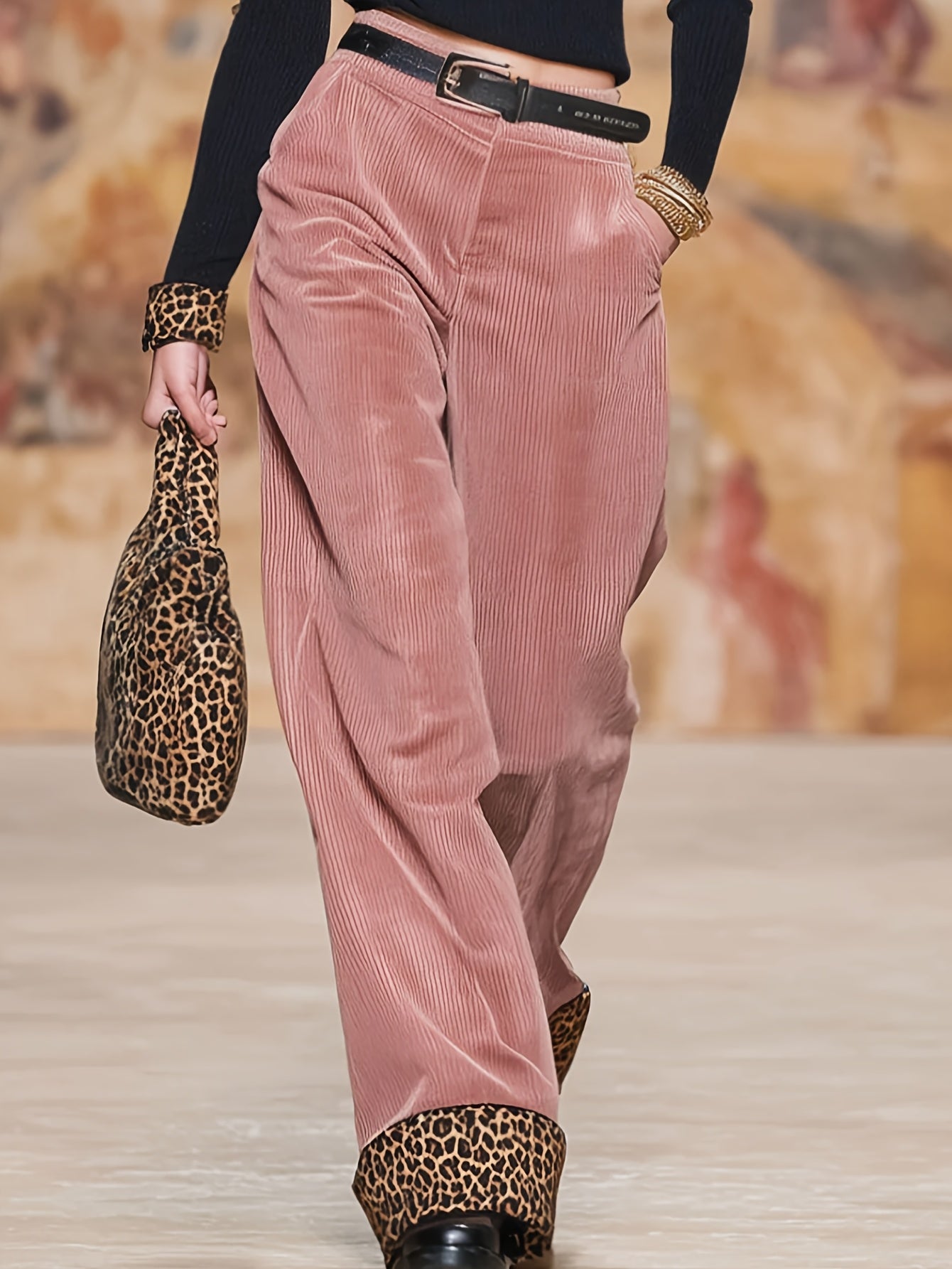 Wide-Leg Pants with Leopard Print Patchwork