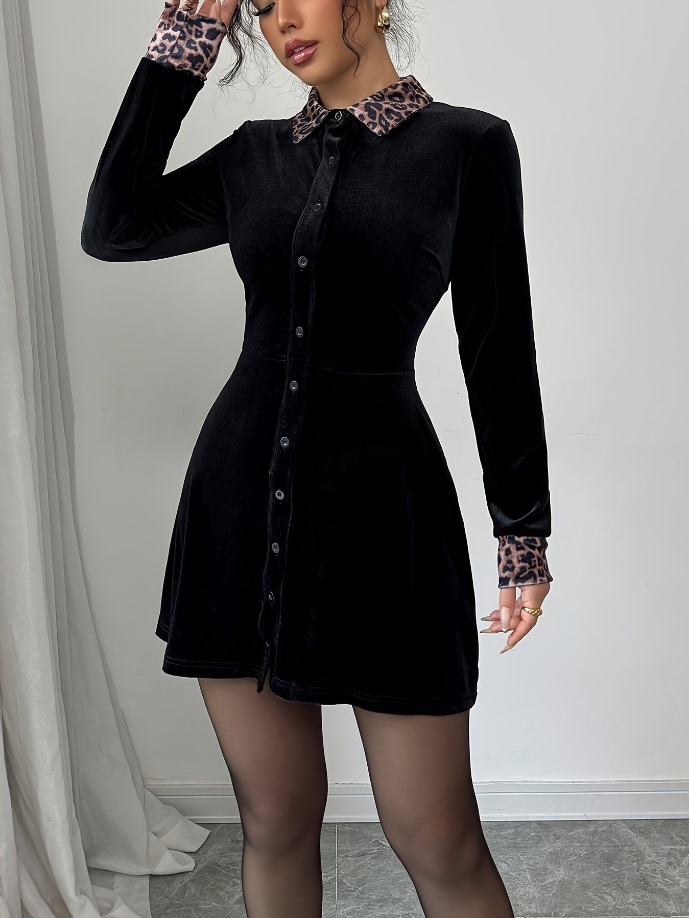 Faux Fur-like Texture A-Line Dress with Leopard Print Collar & Long Sleeves