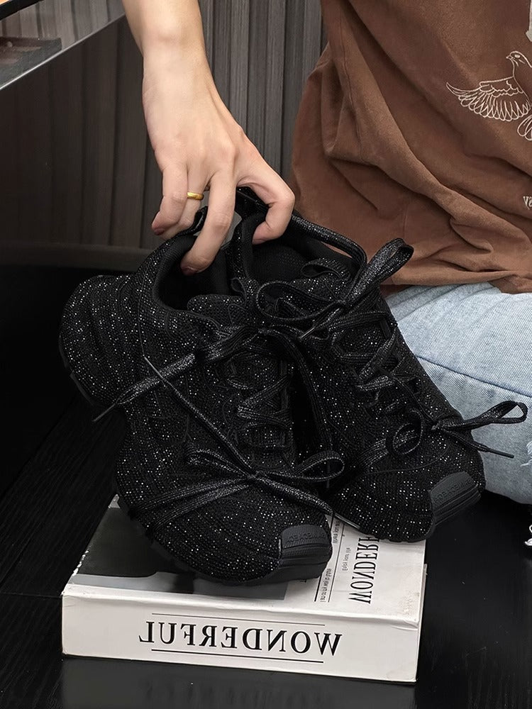 Rhinestone-Adorned Thick-Soled Dad Sneakers