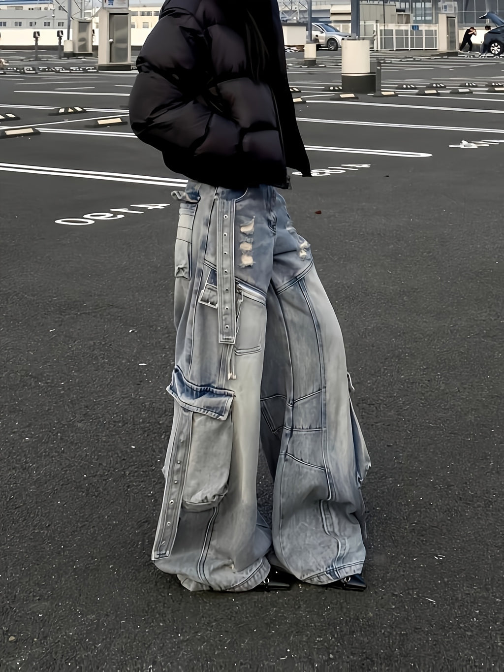 Cargo Faux Denim with Multiple Utility Pockets