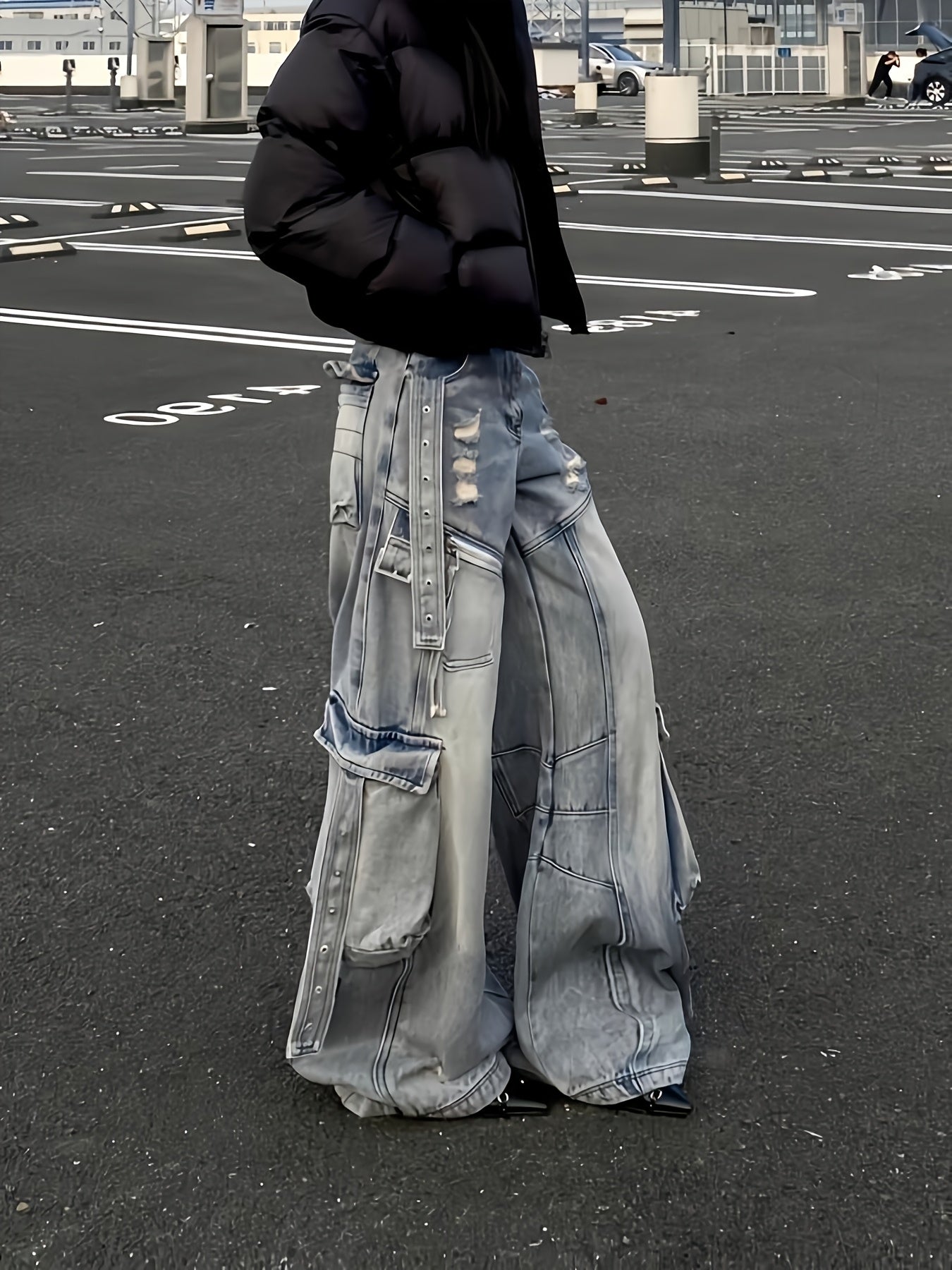 Cargo Faux Denim with Multiple Utility Pockets