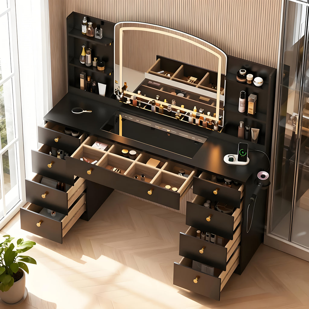 Modern White Makeup Vanity Desk with Large LED Mirror & Charging Station