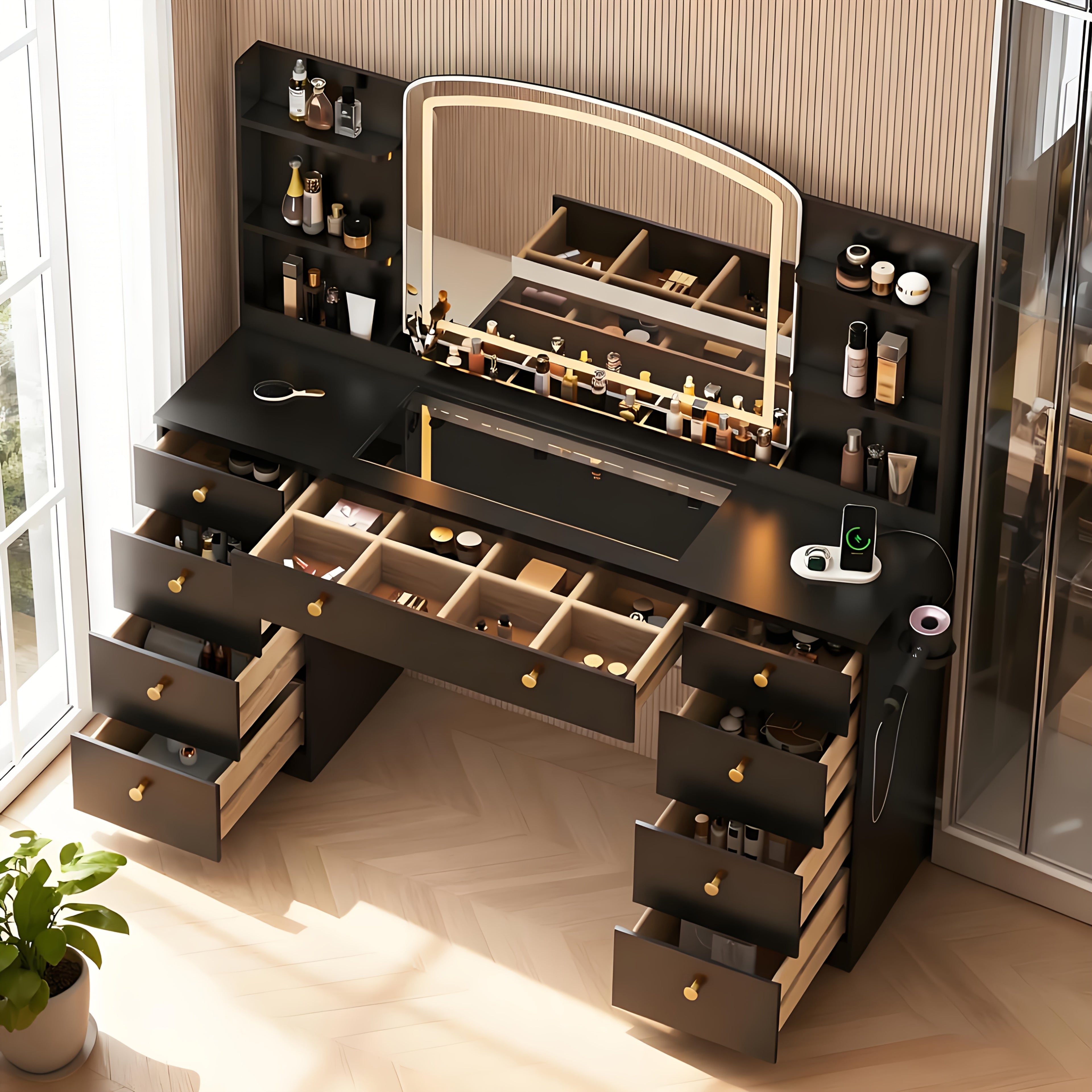 Modern White Makeup Vanity Desk with Large LED Mirror & Charging Station