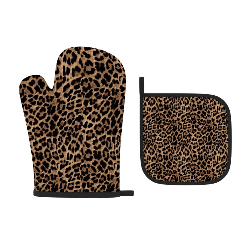 {2pcs} Heat-Resistant Oven Mitts & Pot Holders - Leopard Print Kitchen Gloves