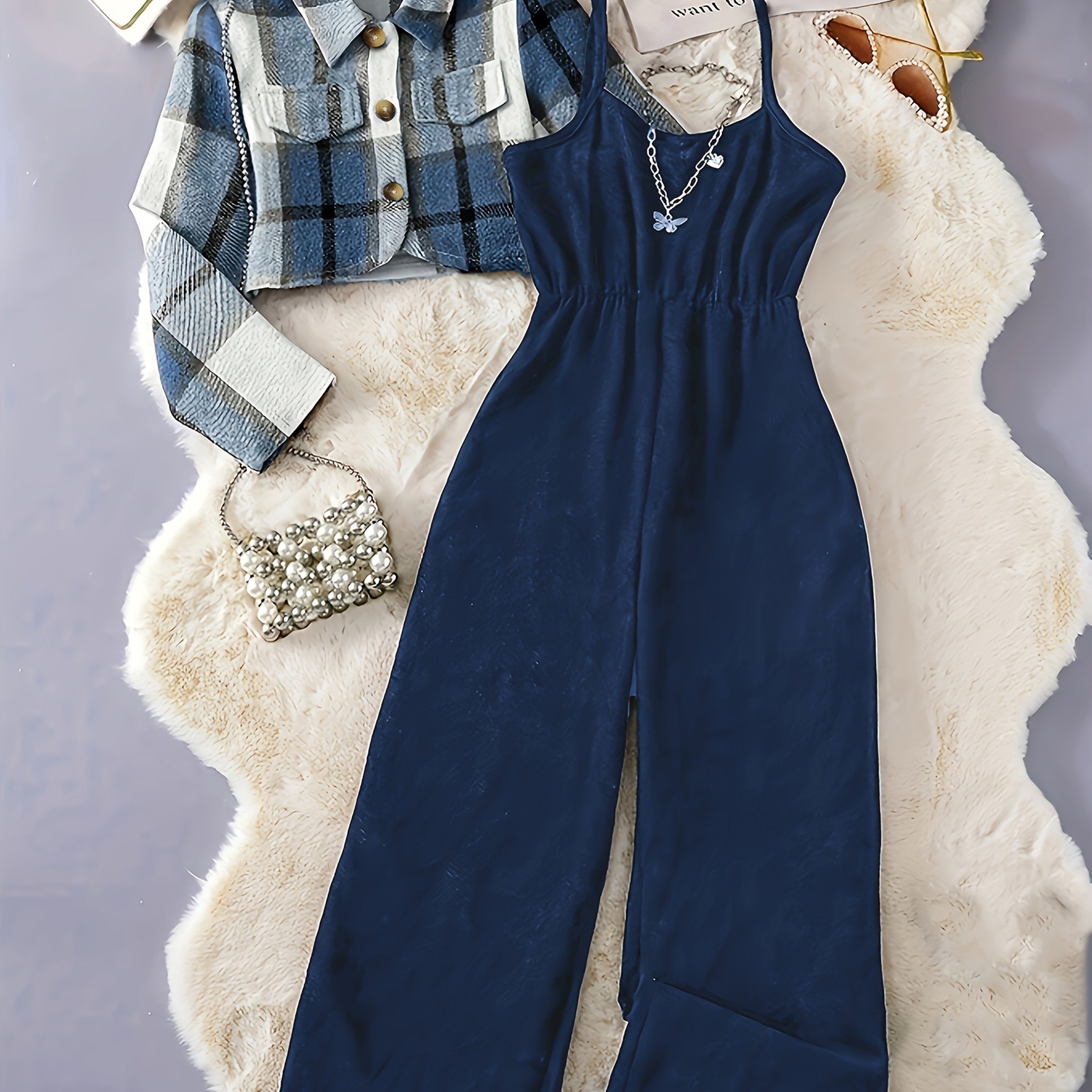 2025 New Elegant Vacation Style: Plaid Printed Button Top with Solid Color Ribbed Camisole Jumpsuit Set