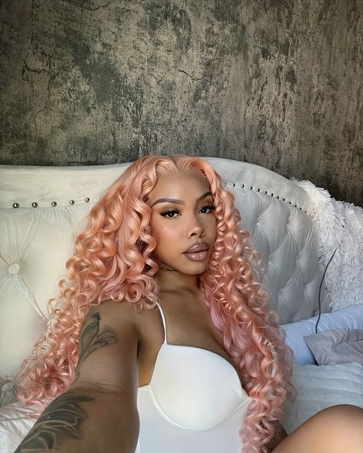 13x4 Pink Wigs Deep Wave Curly Wave Lace Front Wigs HD Lace Glueless Lace Front Wig Pre Plucked Heat Resistant Fiber Wig For Fashion Women Girls Party Vacation Daily Used Valentine'S Day 28inch