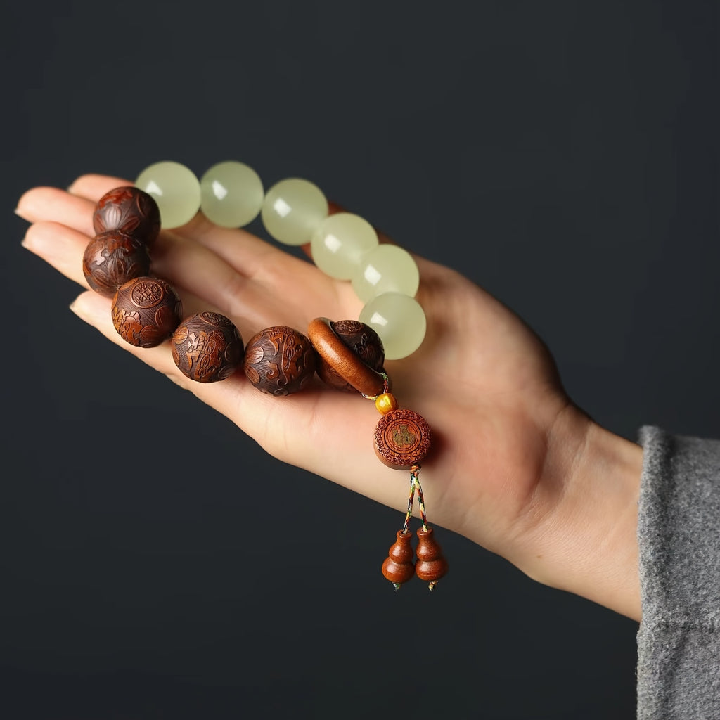 Sandalwood Pear Wood Carved Luminous Beads String with Fortune Words