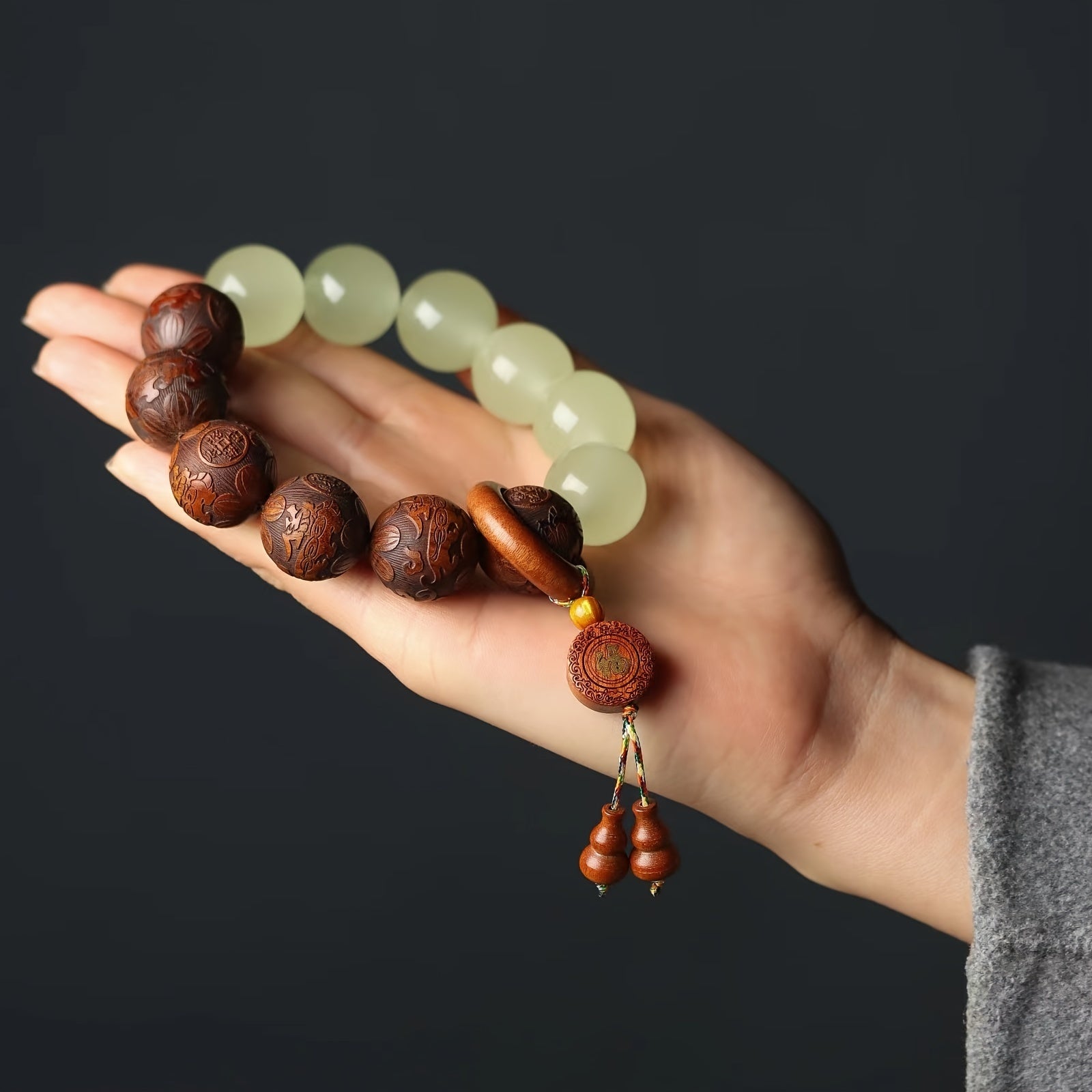 Sandalwood Pear Wood Carved Luminous Beads String with Fortune Words