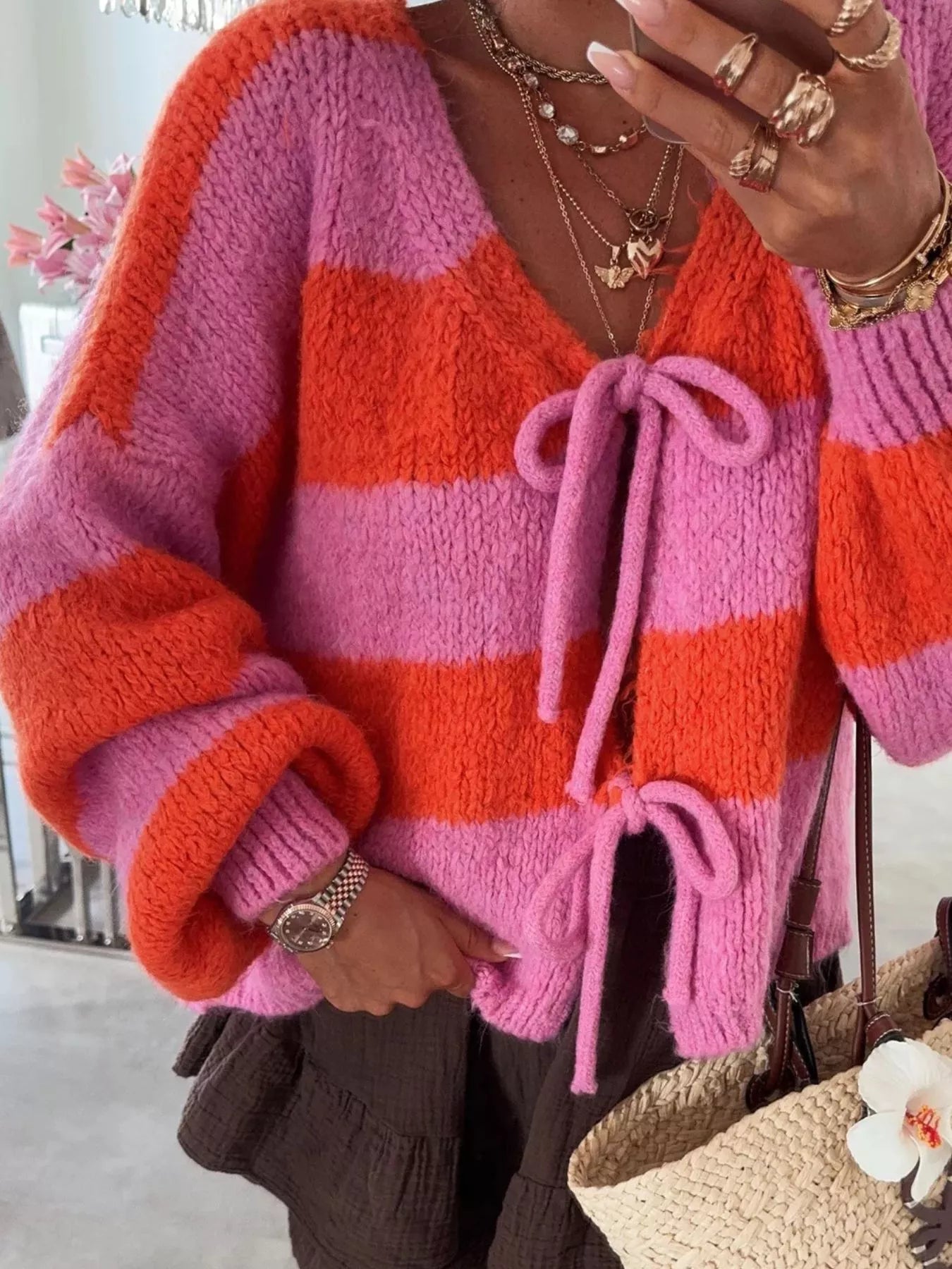 Striped Tie-Front Knit Cardigan