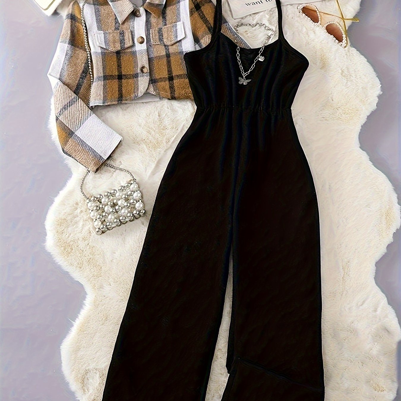 2025 New Elegant Vacation Style: Plaid Printed Button Top with Solid Color Ribbed Camisole Jumpsuit Set