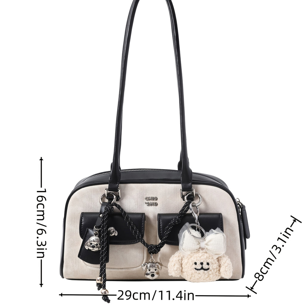 Boston Bag with Black & Beige Design