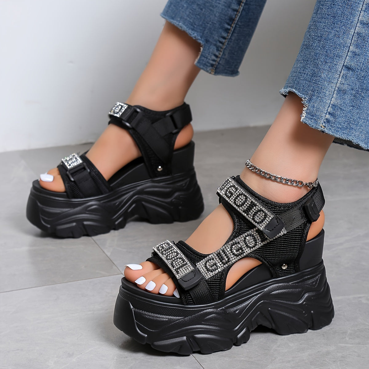 Women's Rhinestone Platform Sandals - Black Open Toe High Heel, Breathable Mesh Upper & PU Sole, Fashionable Summer Shoes with Closure for Casual or Party Wear, Casual Footwear | Rhinestone Embellishments, High Heel Sandals