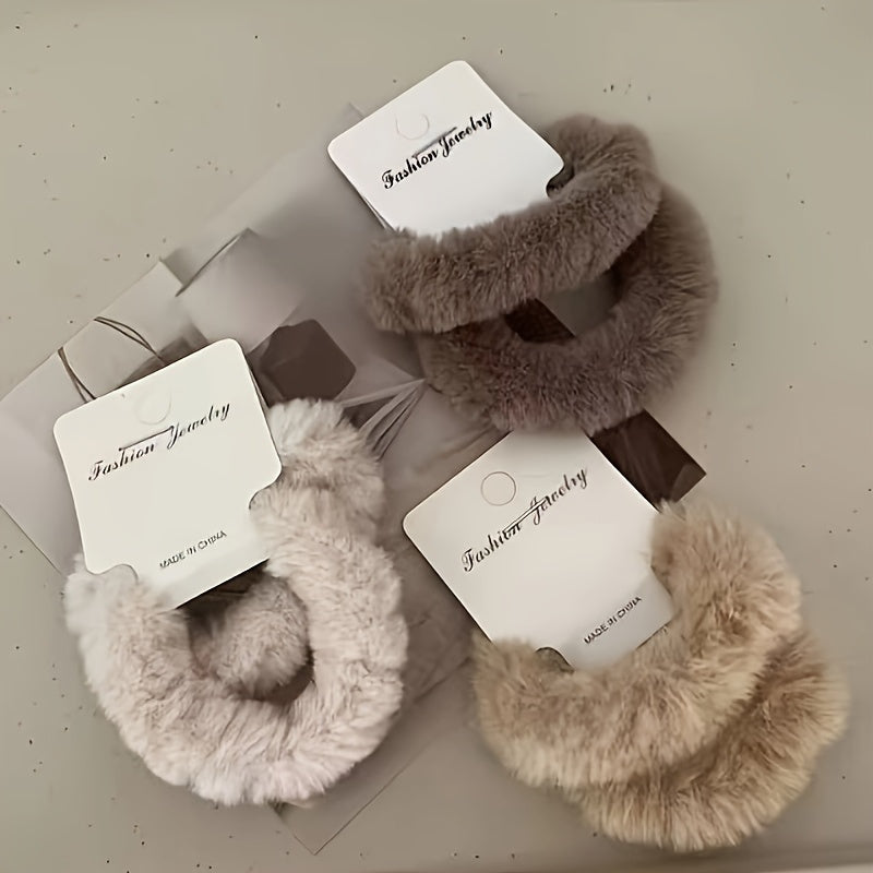 A Set of 6 Plush Hair Ties in a Milk Tea Color Scheme