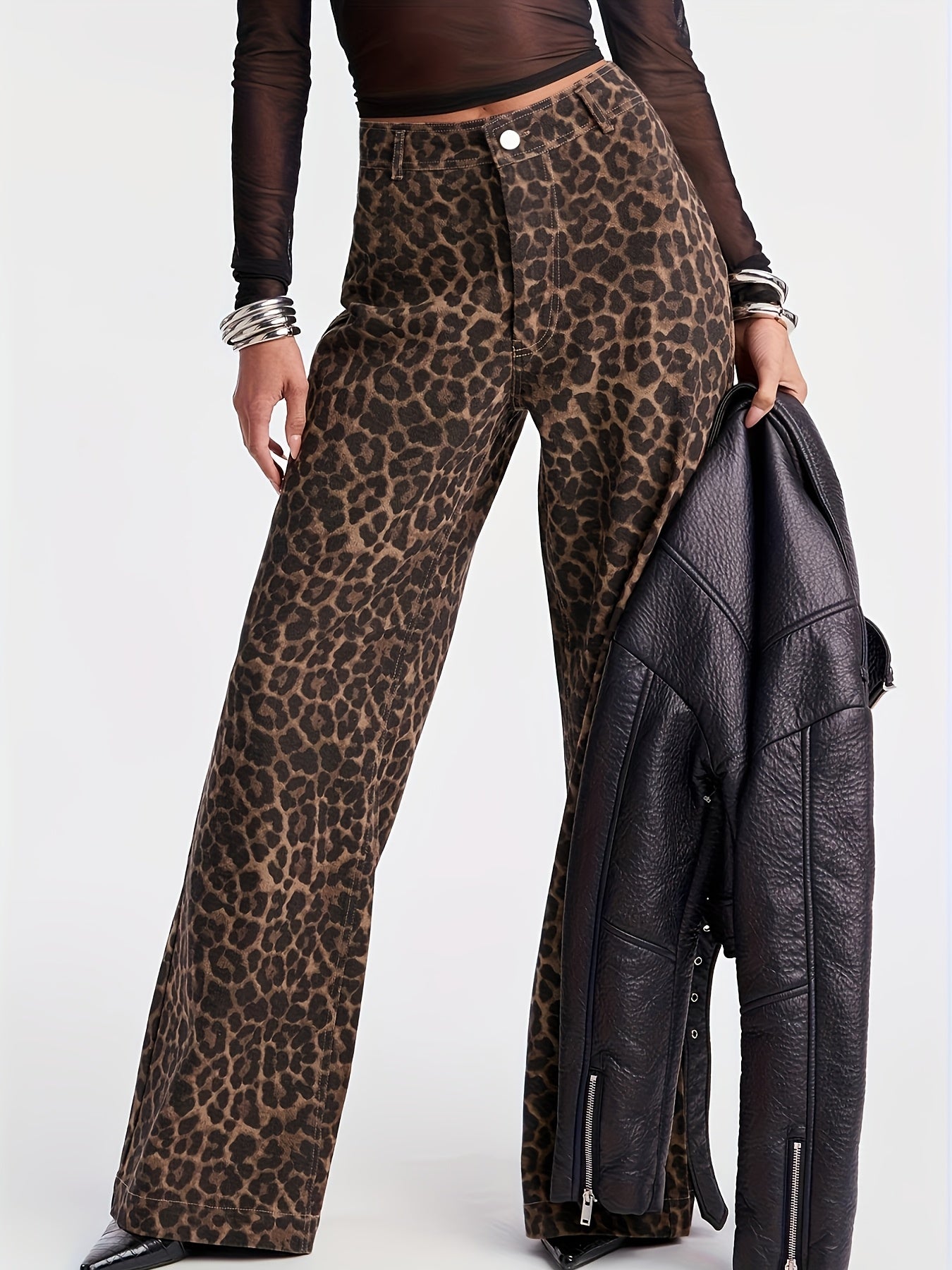 High-Waisted Loose-Fitting Leopard Print Wide-Leg Pants